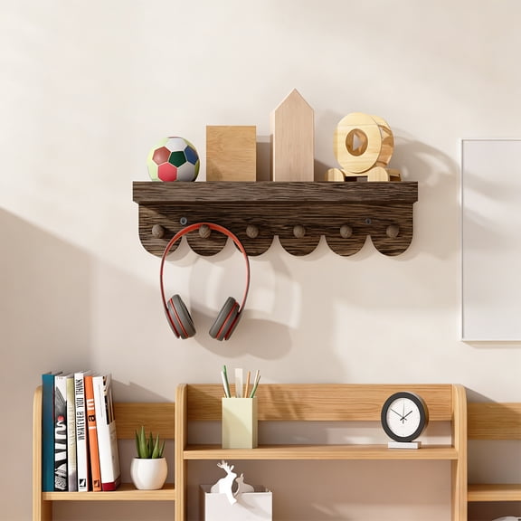 Wall Mounted Wooden Hook Rack with 6 Hooks - Non-Rusting Coat & Towel Hanger for Bathroom, Kitchen, Entryway, Living Room - 15.75 Inch Brown Wood Organizer for Coats, Hats, Bags, Keys, Tools