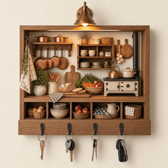 Wall-Mounted Wooden Key Holder Farmhouse Kitchen Decor with 4 Hooks for Entryway 2D flat not 3D