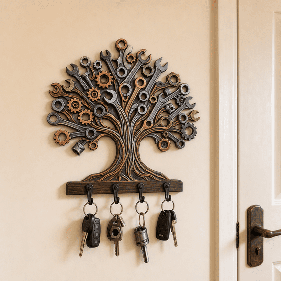 Wall-Mounted Wooden Key Holder Mechanic Tree Entryway Hook Rack Gift for Tool Lovers 2D flat not 3D