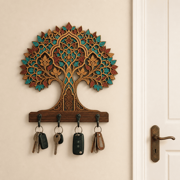 Wall-Mounted Wooden Key Holder Moroccan Tree Design with 4 Hooks for Entryway 2D flat not 3D