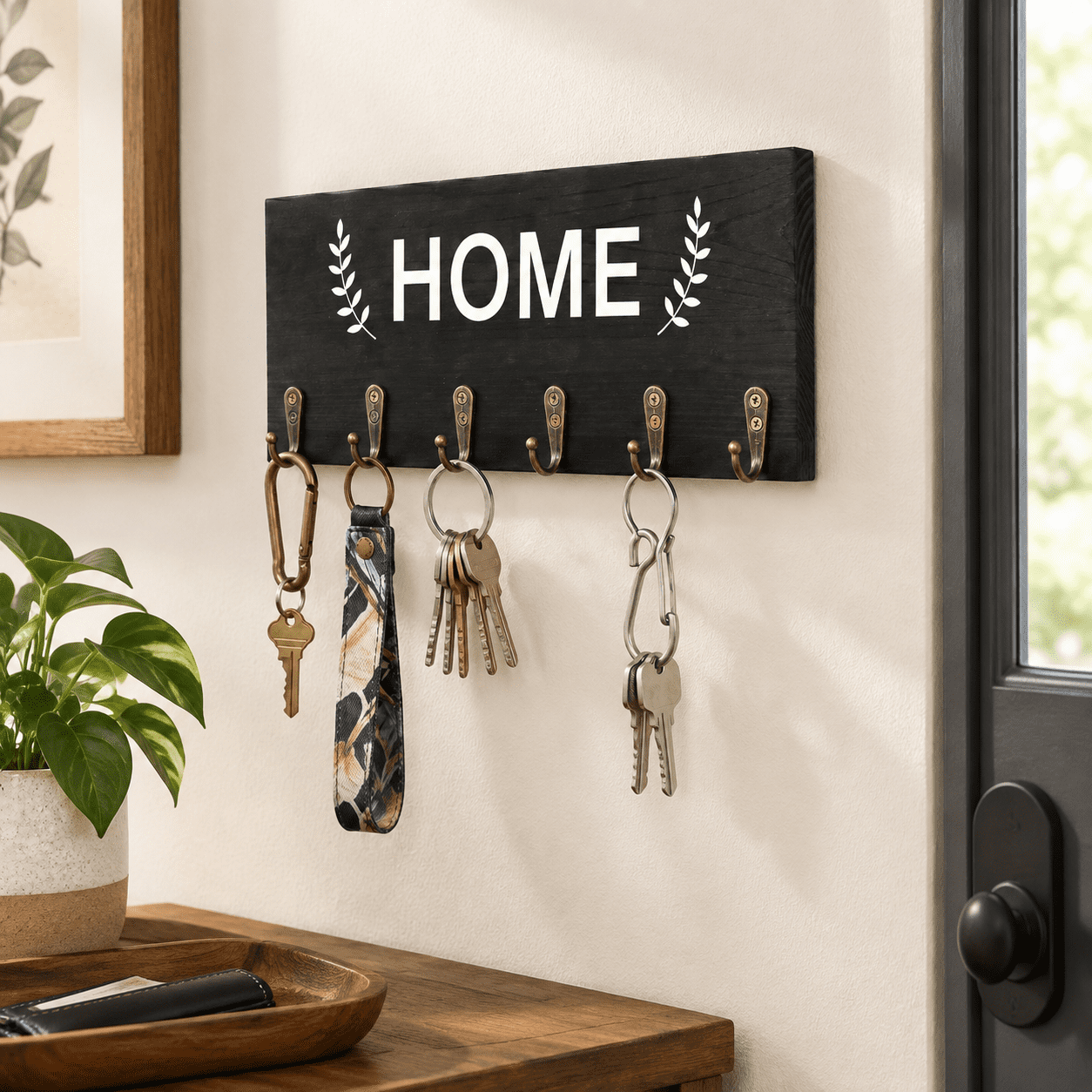 Wall Mounted Wooden Key Holder Rack With 6 Metal Hooks Home - Black ...