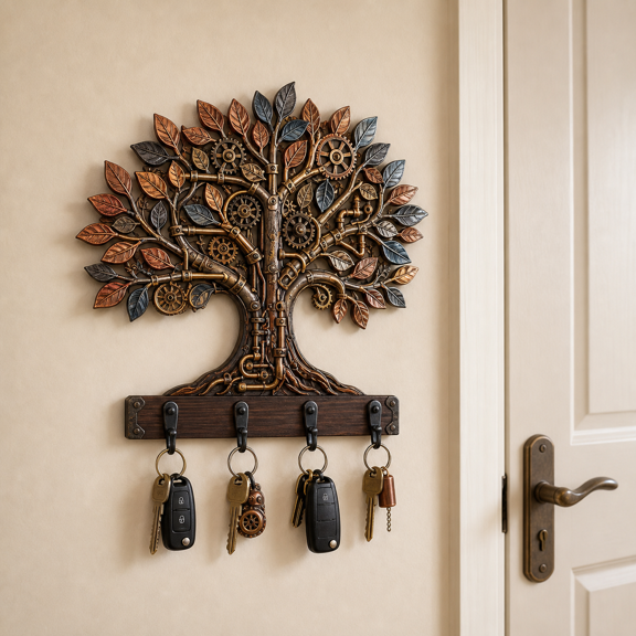 Wall-Mounted Wooden Key Holder Steampunk Tree Entryway Hook Rack Gift 2D flat not 3D