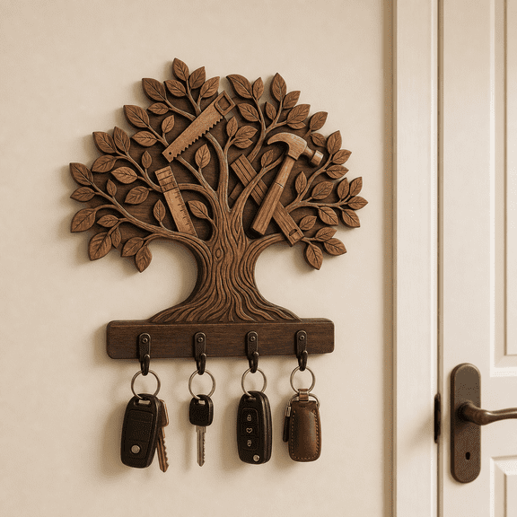 Wall-Mounted Wooden Key Holder Tree Design, 4-Hook Wooden Key Hook for Entryway 2D flat not 3D