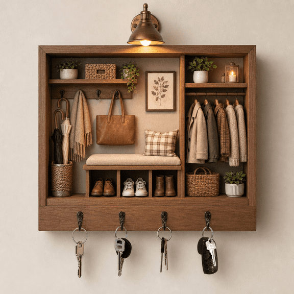 Wall-Mounted Wooden Key Holder with 4 Hooks Vintage Entryway Organizer Gift 2D flat not 3D