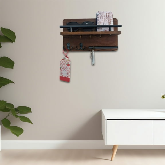Wall Mounted Wooden Key with Shelf, Iron Hook Organizer Rack, Entryway Key Hanger Board, Compact Mail and Key Wall Sorter for Hallway, Foyer, and Mudroom Home Style