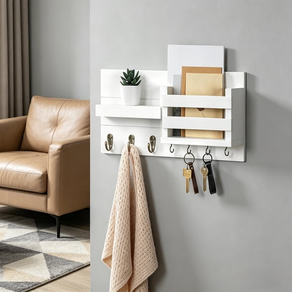 Wall Mounted Wooden Mail Holder and Key Rack, Entryway Organizer with Floating Shelf and Sturdy Hooks for Keys, Letters, Bags and Leashes, Decorative Wall Storage for Home and Office