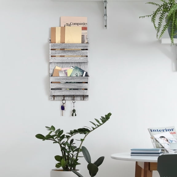 Wall Mounted, Wooden Mail Rack with 4 Key Hooks, 2 Slots Stationery Banknotes Newspaper Magazine Organizer for Entrance Room Hallway Office Garage, Off-White