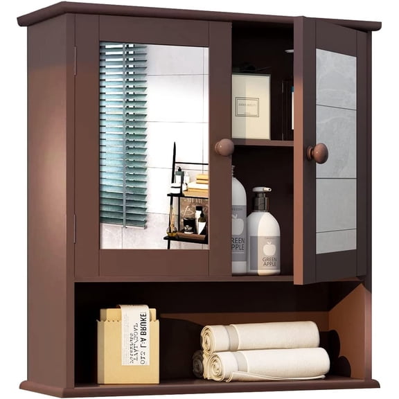Wall Mounted Wooden Medicine Cabinet with Mirror, 2 Doors and 3 Open Shelves for Bathroom, Laundry or Kitchen Storage