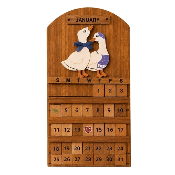 Wall Mounted Wooden Perpetual Calendar, 12 Month Hanging Date Blocks with Decor