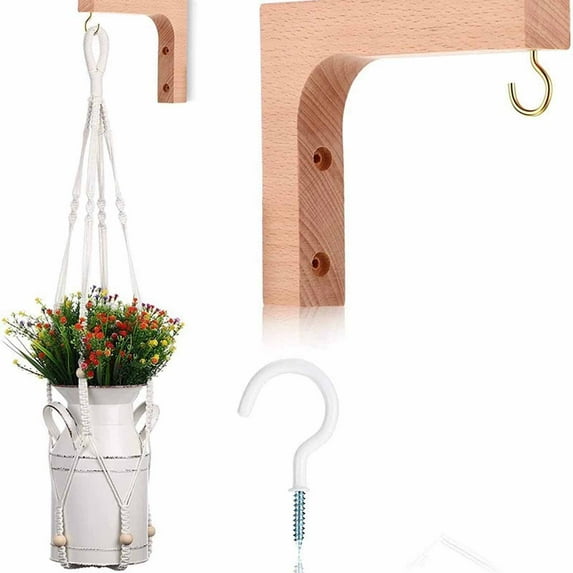 Wall-Mounted Wooden Plant Hanger Indoor Shelf for Macrame & Decor, Sturdy Beech Log Hook for Potted Plants & Baskets up to 10 Lbs, Natural Home Accent