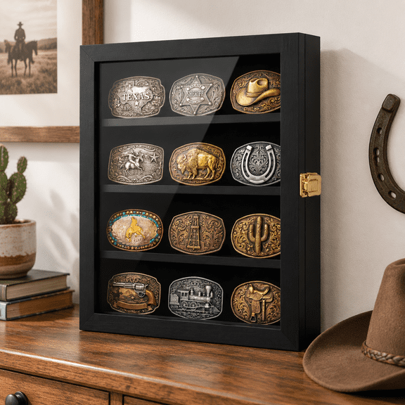 Wall-Mounted Wooden Shadow Box for Belt Buckles, Adjustable Display Case with Door, Matte Black