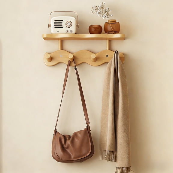 Wall Mounted Wooden Wavy Hook Rack Shelf Type with 4 Hooks, 13" Heavy Duty Coat Rack for Wall, For Bathroom and Kitchen, Entryway Organizer for Towels and Coats