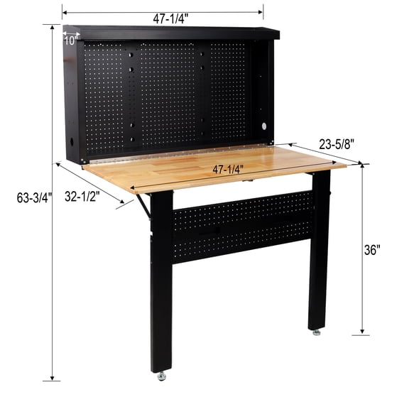 , Wall Mounted Workbench, Robust Space-Saving Foldable Workbench with Rubberwood Work Surface, Pegboard for Tools, Black ,Steel ,