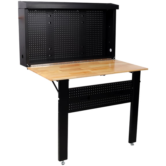 Wall Mounted Workbench, Space-Saving Foldable Workbench with Rubberwood Work Surface, Pegboard for Tools - 47.25L x 32.5W x 63.75H inches, Black Steel