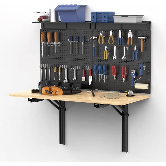 Wall Mounted Workbench with Pegboard Folding Down Work Table Metal Pegboard Wall Organizer for Garage Workshop