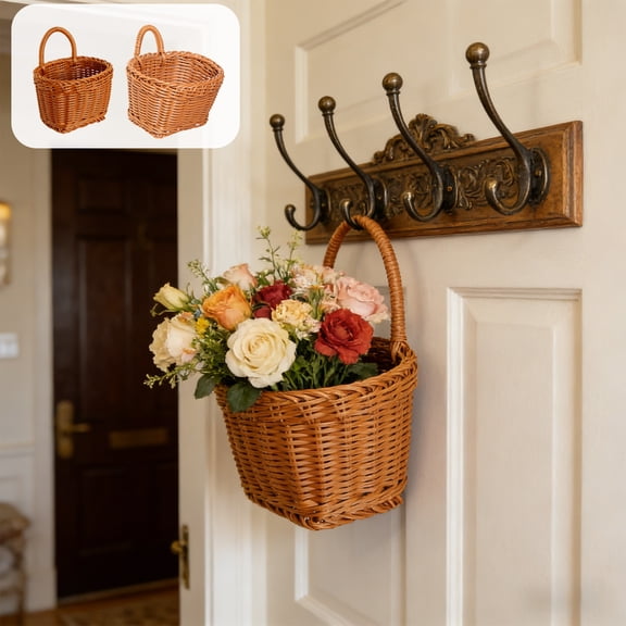 Wall Mounted Woven Basket with Imitation Rattan – Small Hanging Wall Storage Bin for Keys, Mail, Decor and Flower Arrangements, Brown Plastic Organizer for Entryway, Bathroom or Bedroom