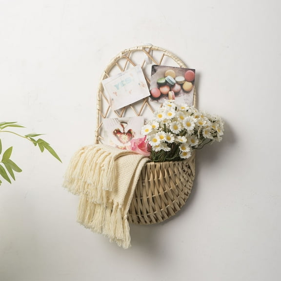 Wall Mounted Woven Flower Basket - Natural Willow Storage Organizer with Iron Frame, Beige Decorative Planter for Living Room, 13.98x8.07x3.74 Inches