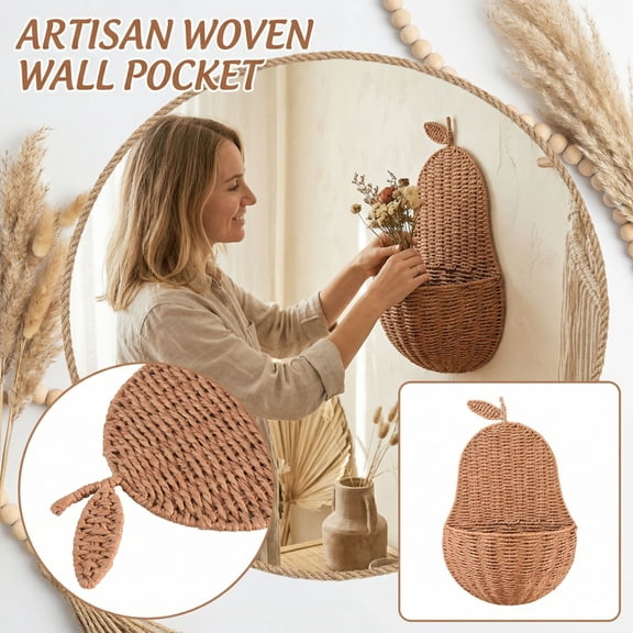Wall Mounted Woven Storage Basket Handmade Rattan Wall Basket Organizer for Keys Mail Sundries Decorative Wall Storage Basket for Entryway Kitchen Bedroom