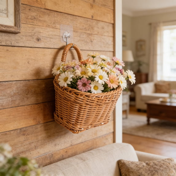 Wall Mounted Woven Storage Basket Imitation Rattan Flower Basket Key Mail Organizer Small Item Hanging Basket Home Decor Decorative Basket Size 5.91x4.33x3.94in