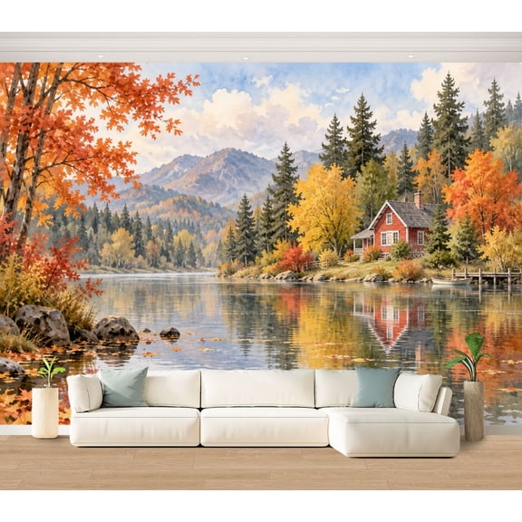 Wall Mural Autumn Cabin by Lake forest Large Peel and Stick Wallpaper Vibrant Maple leaves Reflections Removable Self-Adhesive Vinyl Wall Decor for Living Room Bedroom Kids Room 100"x144"