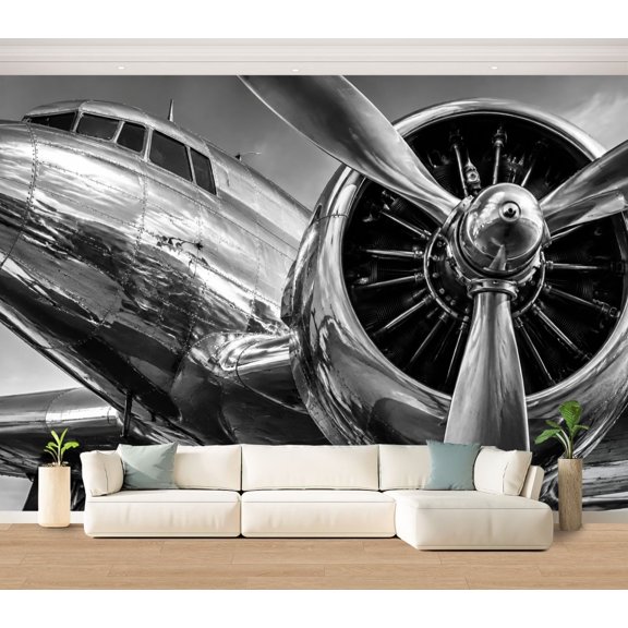 Wall Mural Black White Vintage Airplane Large Peel and Stick Wallpaper Retro Aircraft Engine Close up Removable Self-Adhesive Vinyl Wall Decor for Living Room Bedroom Kids Room 100"x144"