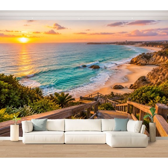 Wall Mural Coastal Boardwalk Staircase Large Peel and Stick Wallpaper Sunset Turquoise Ocean Wave Golden Removable Self-Adhesive Vinyl Wall Decor for Living Room Bedroom Kids Room 100"x144"