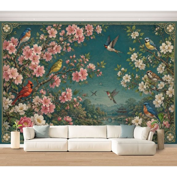 Wall Mural Colorful Birds Flowers Large Peel and Stick Wallpaper Vintage Turquoise Blossoming Botanical Removable Self-Adhesive Vinyl Wall Decor for Living Room Bedroom Kids Room 100"x144"