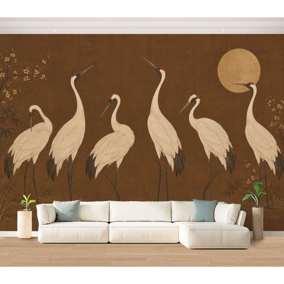 Wall Mural Elegant Cranes Under Sky Large Peel and Stick Wallpaper Standing Gracefully Removable Self-Adhesive Vinyl Wall Decor for Living Room Bedroom Kids Room 100"x144"