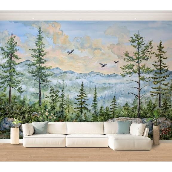 Wall Mural Green Forest Wallpaper Peel & Stick Nursery Wallpaper Pine Trees Mountains Birds Rocks Watercolor Removable Self-Adhesive Large Wall Sticker Wall Decor for Bedroom Living Room 100"x144"