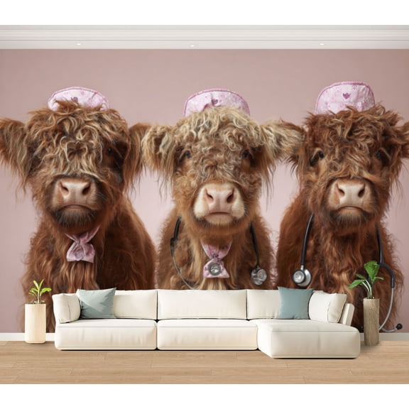 Wall Mural Highland Cow Nurse Team Large Peel and Stick Wallpaper Funny Farm Animal Studio Portrait Removable Self-Adhesive Vinyl Wall Decor for Living Room Bedroom Kids Room 100"x144"