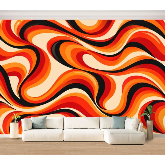 Wall Mural Mid Century Bold Abstract Wave Large Peel and Stick Wallpaper Red Red Orange Removable Self-Adhesive Vinyl Wall Decor for Living Room Bedroom Kids Room 100"x144"