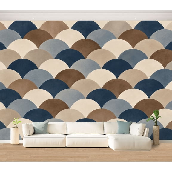 Wall Mural Mid Century Geometric Scallop Large Peel and Stick Wallpaper Earthy Tones Blue Brown Removable Self-Adhesive Vinyl Wall Decor for Living Room Bedroom Kids Room 100"x144"