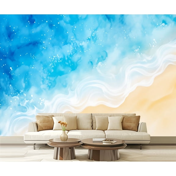 Wall Mural Peel and Stick Abstract Beach Sea Summer Grunge Wave Sand Pastel Crayon Drawing Self-Adhesive Wallpaper Removable Wall Decal Wall Sticker Home Decor for Living Room Bedroom 100"x144"