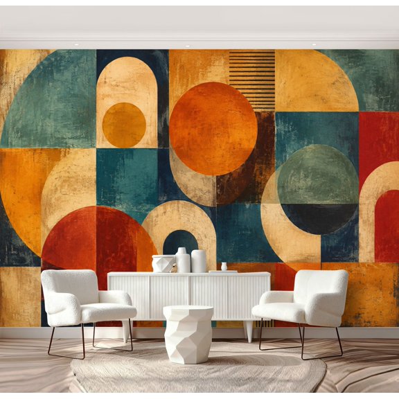 Wall Mural Peel and Stick Abstract Geometric Earthy Tones Circular Shapes Self-Adhesive Wallpaper Removable Wall Decal Wall Sticker Home Decor for Living Room Bedroom 69"x96"