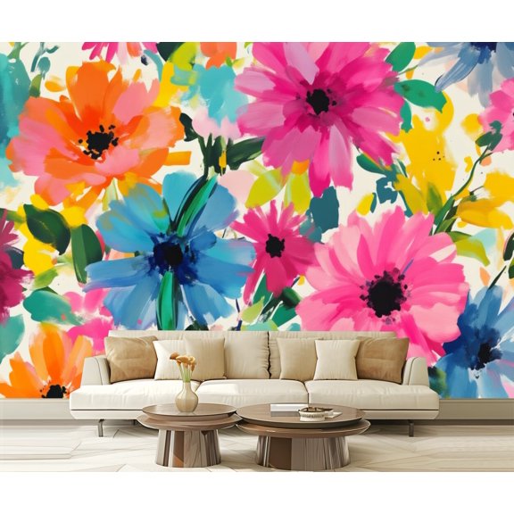 Wall Mural Peel and Stick Abstract flower blooming design floral seamless Grunge textured Self-Adhesive Wallpaper Removable Wall Decal Wall Sticker Home Decor for Living Room Bedroom 100"x144"