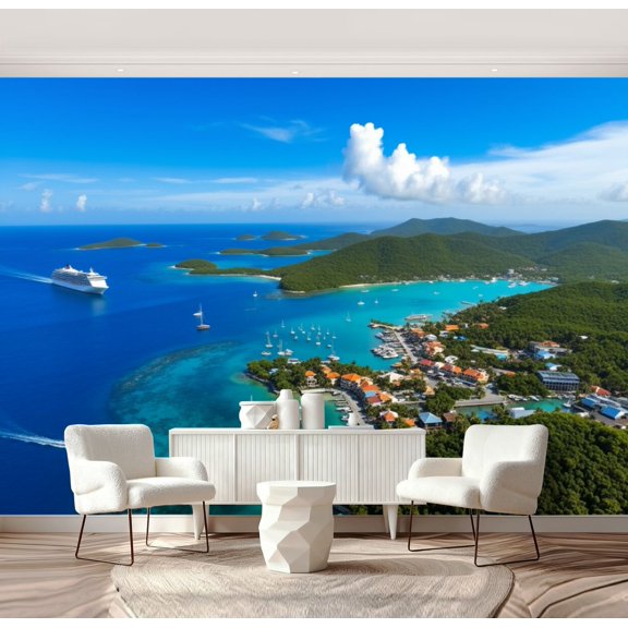 Wall Mural Peel and Stick Aerial view Cruz Bay US Virgin Islands Self-Adhesive Wallpaper Removable Wall Decal Wall Sticker Home Decor for Living Room Bedroom 69"x96"
