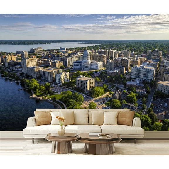 Wall Mural Peel and Stick Aerial view Madison city downtown sunset Wisconsin Self-Adhesive Wallpaper Removable Wall Decal Wall Sticker Home Decor for Living Room Bedroom 100"x144"