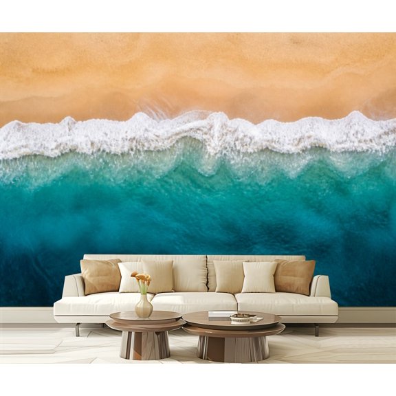 Wall Mural Peel and Stick Aerial view turquoise ocean wave reaching coastline Beautiful tropical Self-Adhesive Wallpaper Removable Wall Decal Wall Sticker Home Decor for Living Room Bedroom 100"x144"