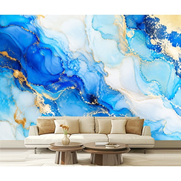 Wall Mural Peel and Stick Alcohol Abstract Indigo White Gold Stains Stains Water Ink splatter Self-Adhesive Wallpaper Removable Wall Decal Wall Sticker Home Decor for Living Room Bedroom 100"x144"