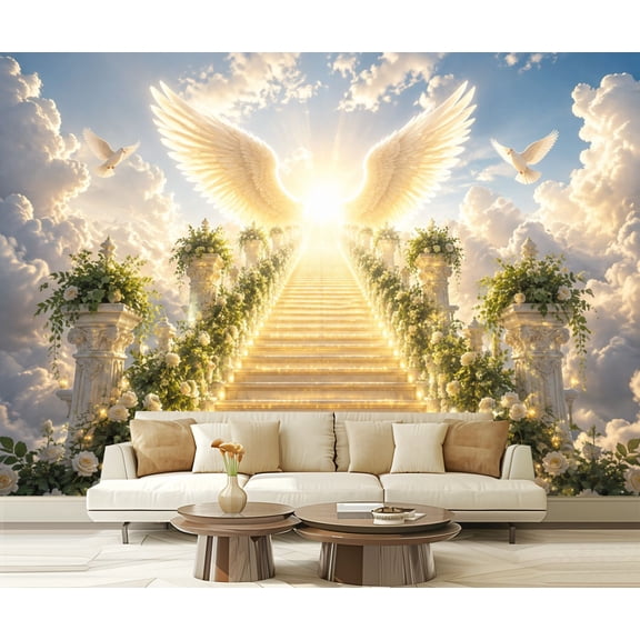 Wall Mural Peel and Stick Angel Wings Stair Clouds Dove White Rose Pillar Divine Light Glow Self-Adhesive Wallpaper Removable Wall Decal Wall Sticker Home Decor for Living Room Bedroom 100"x144"