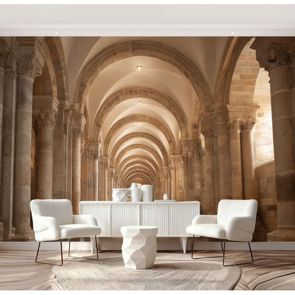Wall Mural Peel and Stick Arched Hallway Stone Pillars Soft Lighting Self-Adhesive Wallpaper Removable Wall Decal Wall Sticker Home Decor for Living Room Bedroom 69"x96"