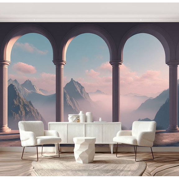 Wall Mural Peel and Stick Arched Stone Columns Framing Misty Mountain Landscape Soft Pastel Sky Self-Adhesive Wallpaper Removable Wall Decal Wall Sticker Home Decor for Living Room Bedroom 69"x96"