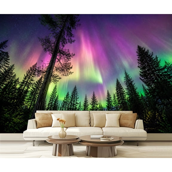 Wall Mural Peel and Stick Aurora Forest Landscape Colorful Northern Lights Evergreen Trees Night Self-Adhesive Wallpaper Removable Wall Decal Wall Sticker Home Decor for Living Room Bedroom 100"x144"