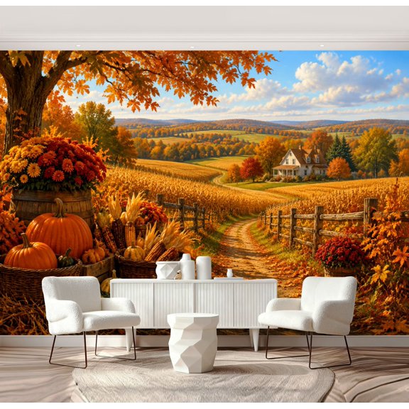 Wall Mural Peel and Stick Autumn Countryside Pumpkins Corn Fields Fall Foliage Self-Adhesive Wallpaper Removable Wall Decal Wall Sticker Home Decor for Living Room Bedroom 69"x96"