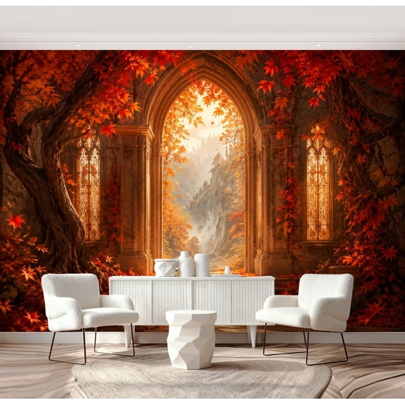 Wall Mural Peel and Stick Autumn Forest Archway Glowing Light Ancient Stone Columns Falling Self-Adhesive Wallpaper Removable Wall Decal Wall Sticker Home Decor for Living Room Bedroom 69"x96"