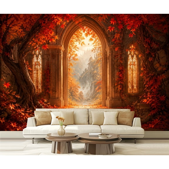 Wall Mural Peel and Stick Autumn Forest Archway Glowing Light Ancient Stone Columns Falling Self-Adhesive Wallpaper Removable Wall Decal Wall Sticker Home Decor for Living Room Bedroom 100"x144"