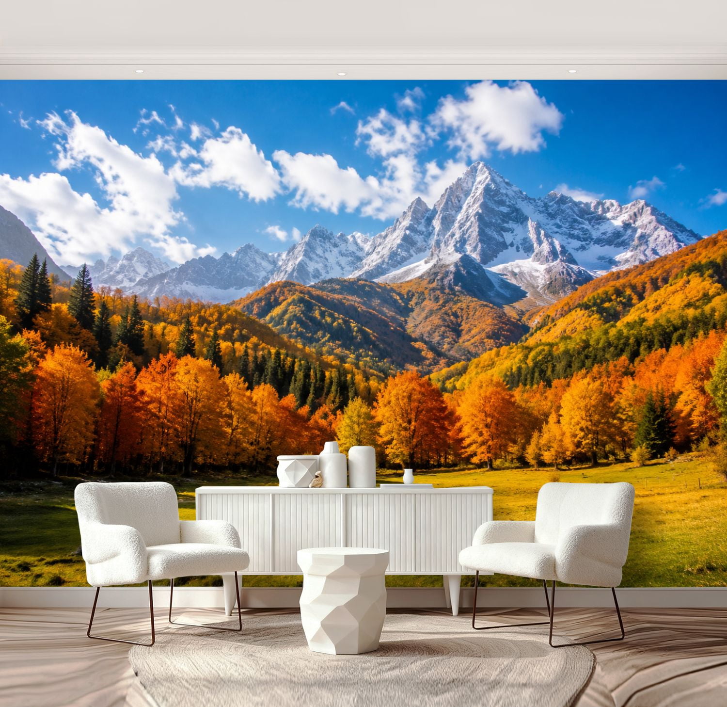 Wall Mural Peel and Stick Autumn Mountain Landscape Snowy Peaks Vibrant ...