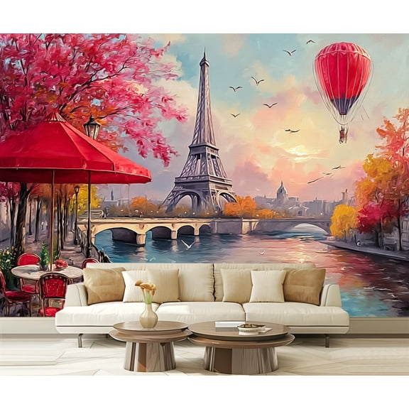 Wall Mural Peel and Stick Autumn Paris River View Eiffel Tower Hot Air Balloon Self-Adhesive Wallpaper Removable Wall Decal Wall Sticker Home Decor for Living Room Bedroom 100"x144"