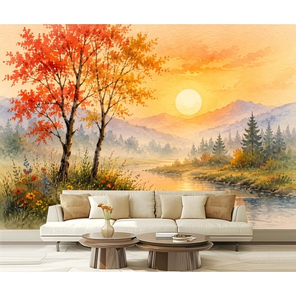 Wall Mural Peel and Stick Autumn Riverside Chinoiserie Red Maple Trees Golden Sunset Misty Self-Adhesive Wallpaper Removable Wall Decal Wall Sticker Home Decor for Living Room Bedroom 100"x144"