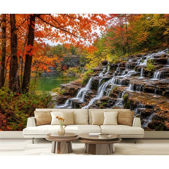 Wall Mural Peel and Stick Autumn Waterfall Landscape Colorful Forest Cascading Stream Nature Self-Adhesive Wallpaper Removable Wall Decal Wall Sticker Home Decor for Living Room Bedroom 100"x144"